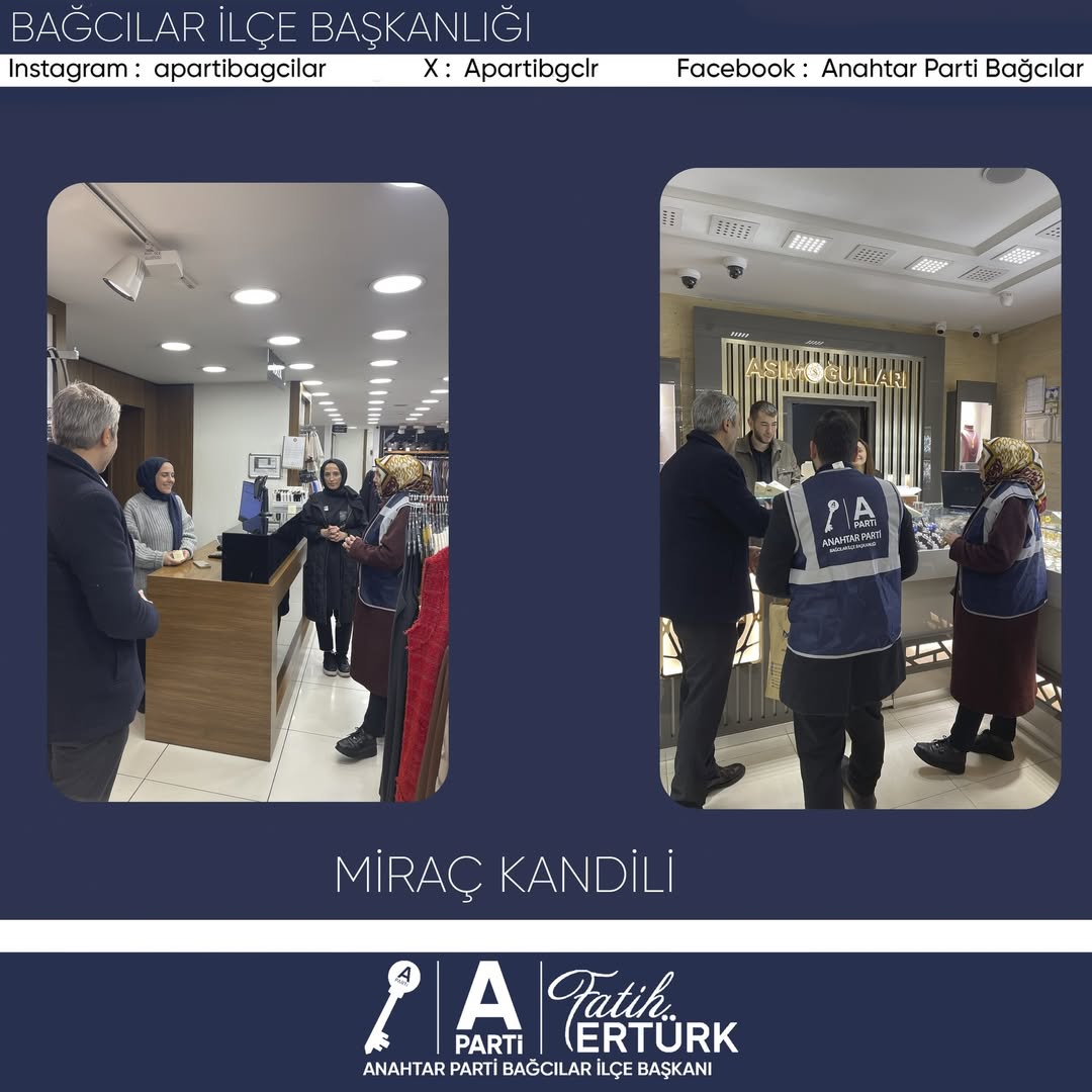 Anahtar Parti Bağcılar İlçe Başkanlığı olarak, Miraç Kandili’nin manevi huzurunu hemşehrilerimizle paylaşmak üzere; İlçe Başkan Vekilimiz Salih Aydın ve Kadın Kolları Başkanımız Özlem Atar öncülüğünde, yönetim kurulu üyelerimizle birlikte Bağcılar Meydanı’nda halkımıza ve esnafımıza kandil vesilesiyle ikramda bulunduk. - 3